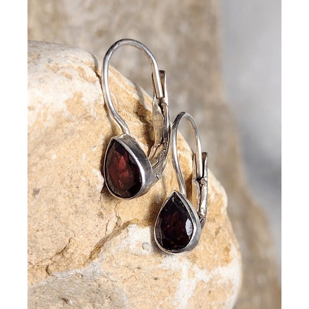 Garnet Pear Shape Sterling Silver Drop Earrings Vintage